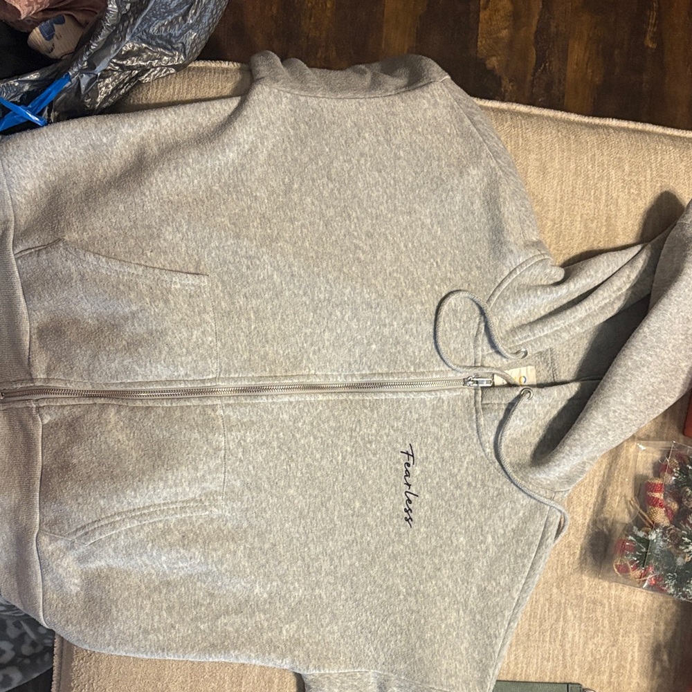 Gray Zip-Up Hoodie with Embroidered Text